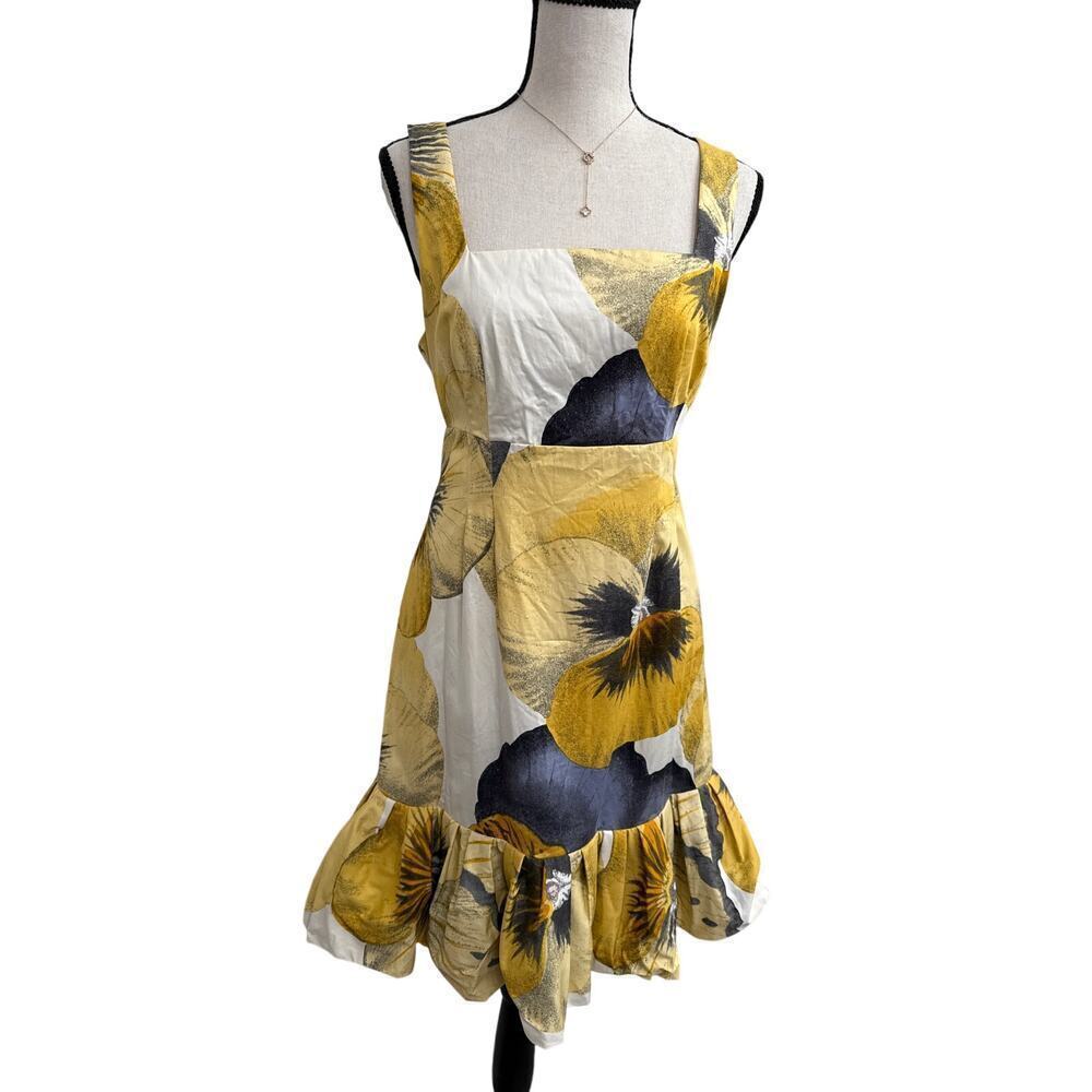 Anthropologie Bellis Brushstroke Dress Sz 6 Yellow Floral Ruffle Romanticcore